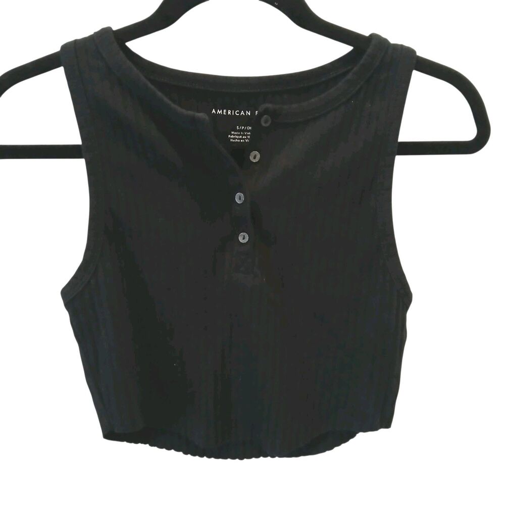 American Eagle Black Ribbed Crop Tank Top Women's Small NEW Round Neck Summer